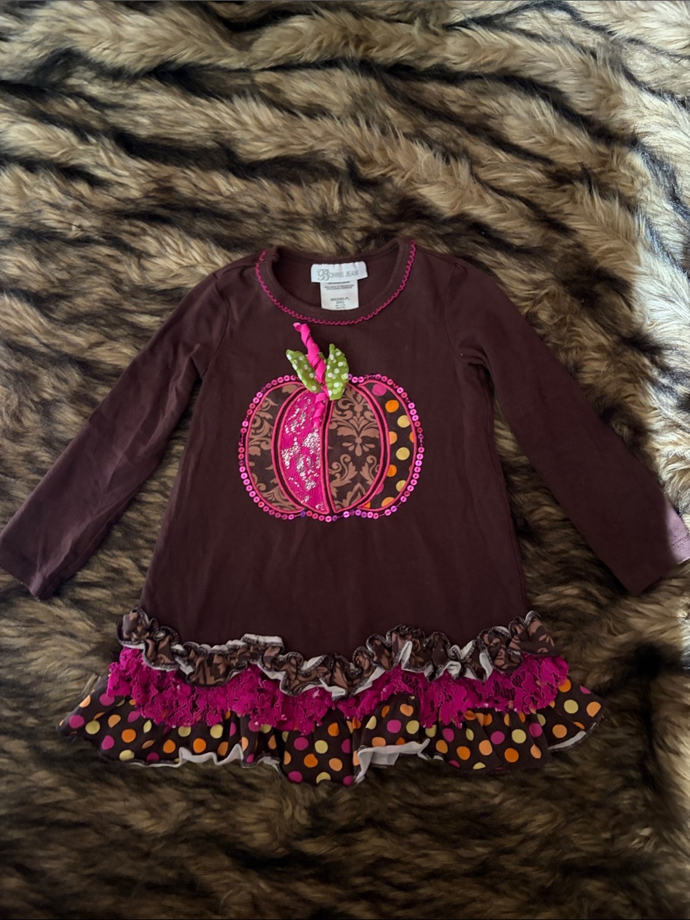 Bonnie Jean Brown long sleeve Dress with Pumpkin Detail and Ruffle bottom 3T